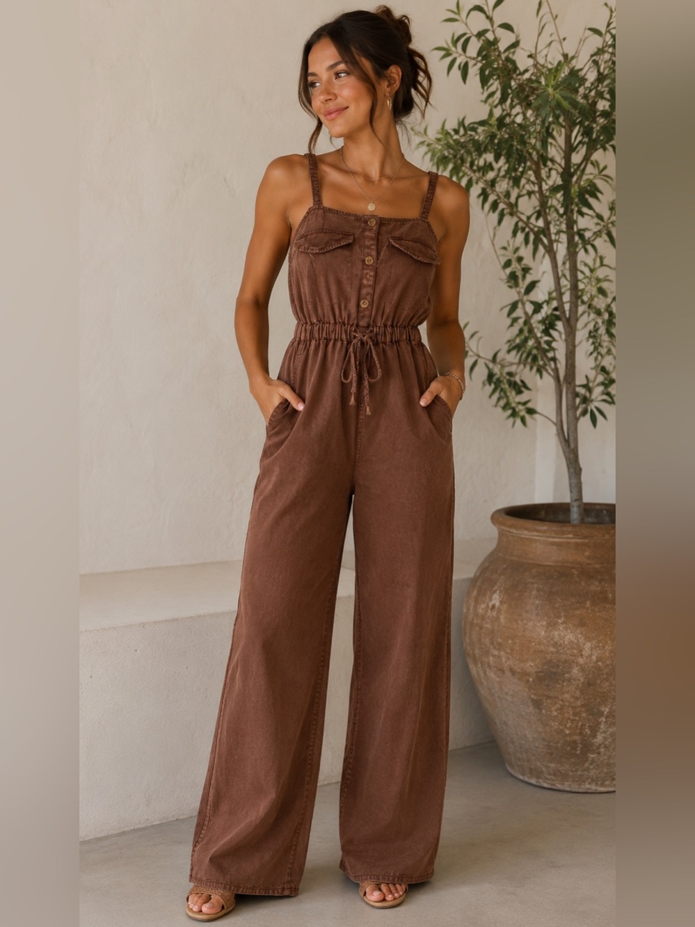 Brown Wide-Leg Jumpsuit with Drawstring Waist